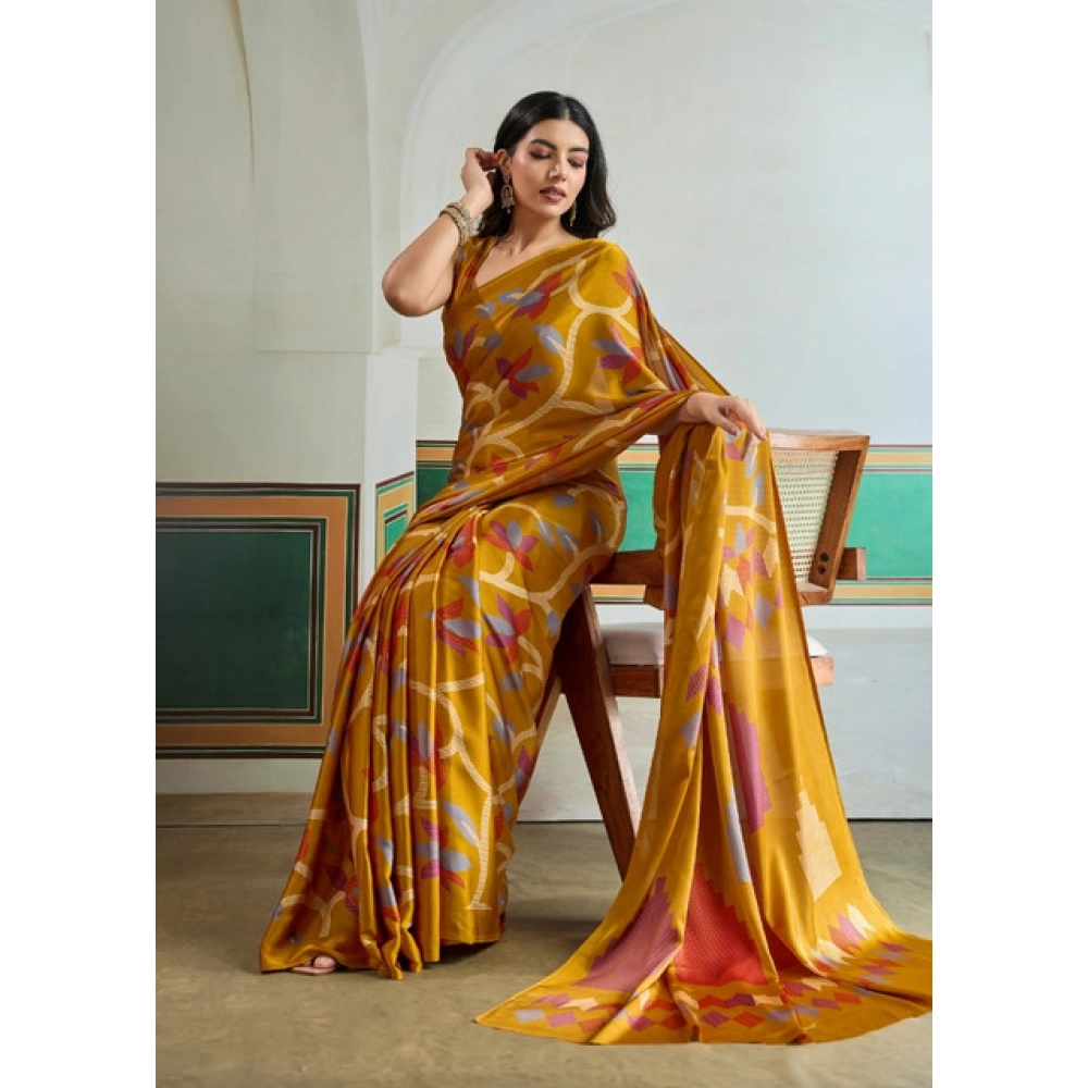 Generic Women's Satin Crepe Printed Saree With Unstitched Blouse 5.5Mtr (Mustard) - Image 3