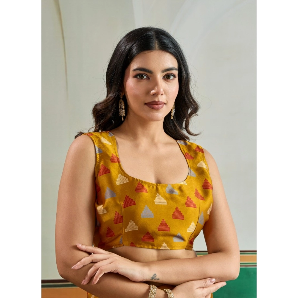 Generic Women's Satin Crepe Printed Saree With Unstitched Blouse 5.5Mtr (Mustard) - Image 2