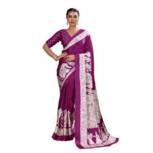 Generic Women's Satin Crepe Printed Saree With Unstitched Blouse 5.5Mtr (Purple)