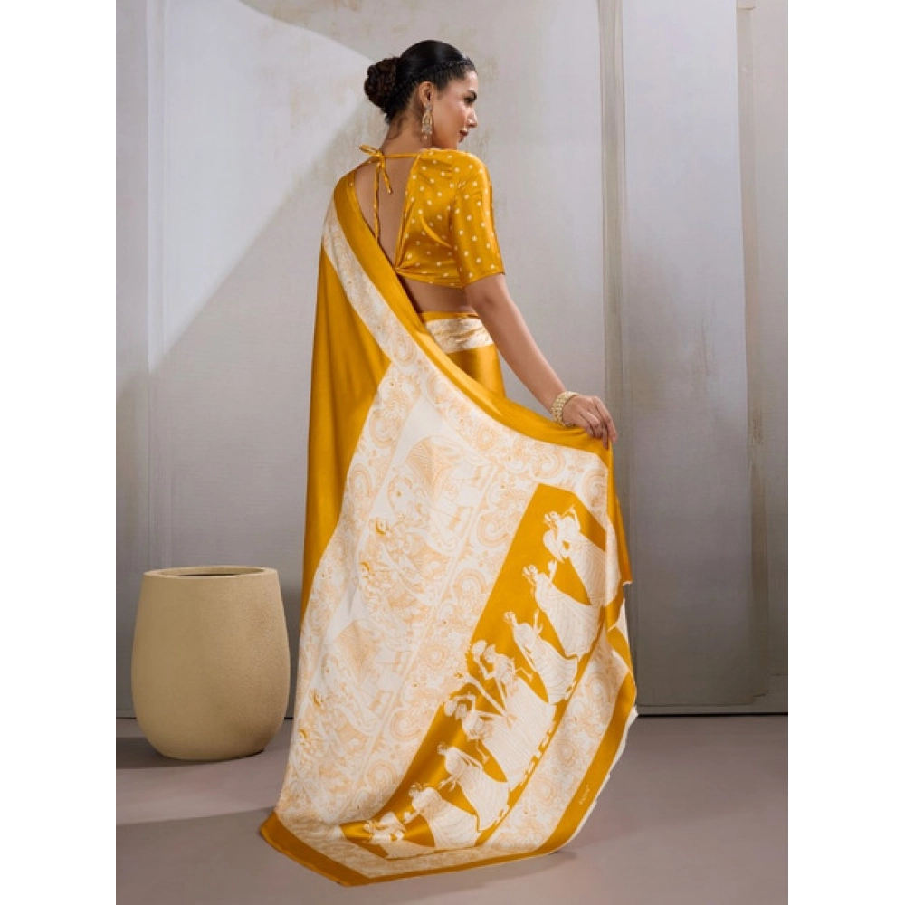 Generic Women's Satin Crepe Printed Saree With Unstitched Blouse 5.5Mtr (Mustard) - Image 4