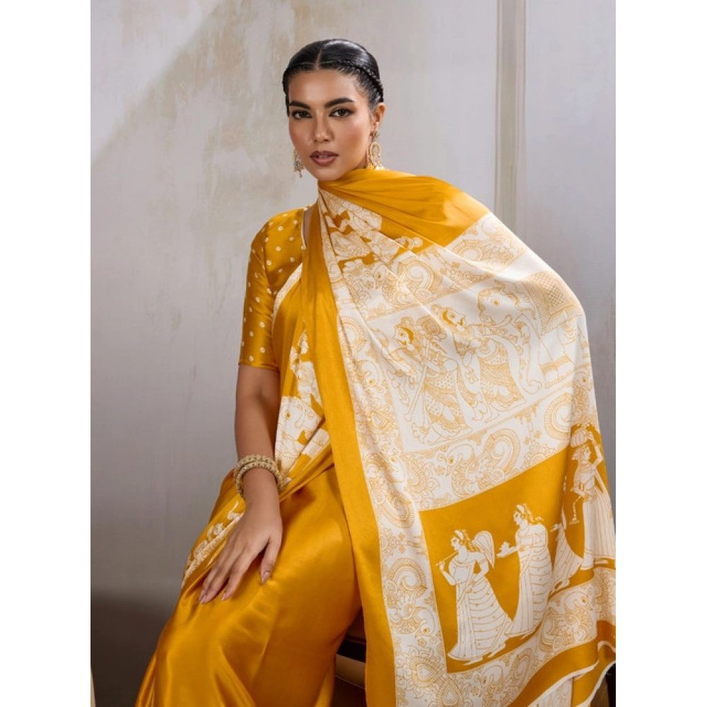 Generic Women's Satin Crepe Printed Saree With Unstitched Blouse 5.5Mtr (Mustard) - Image 3
