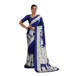 Generic Women's Satin Crepe Printed Saree With Unstitched Blouse 5.5Mtr (Blue)