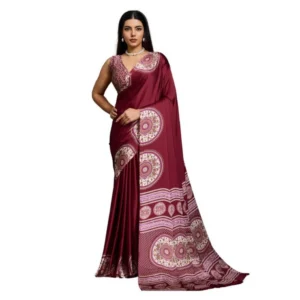 Generic Women's Satin Crepe Printed Saree With Unstitched Blouse 5.5Mtr (Maroon)