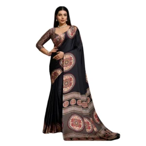 Generic Women's Satin Crepe Printed Saree With Unstitched Blouse 5.5Mtr (Black)