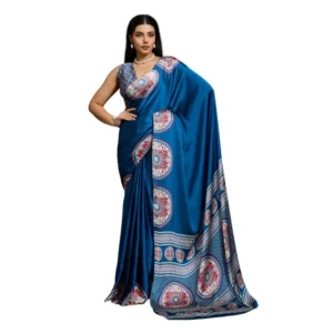 Generic Women's Satin Crepe Printed Saree With Unstitched Blouse 5.5Mtr (Blue)