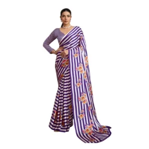 Generic Women's Satin Crepe Printed Saree With Unstitched Blouse 5.5Mtr (Purple)