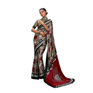 Generic Women's Satin Crepe Printed Saree With Unstitched Blouse 5.5Mtr (Grey)