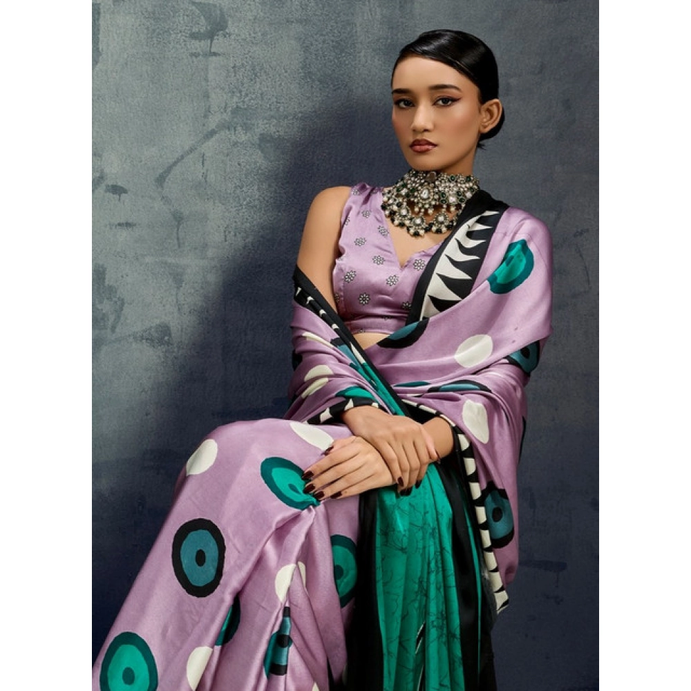 Generic Women's Satin Crepe Printed Saree With Unstitched Blouse 5.5Mtr (Multicolor) - Image 3