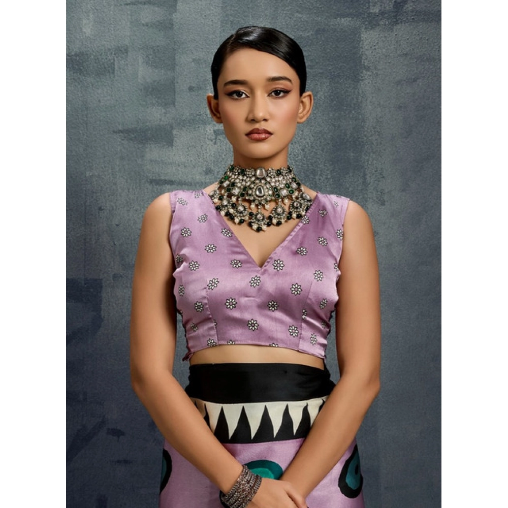 Generic Women's Satin Crepe Printed Saree With Unstitched Blouse 5.5Mtr (Multicolor) - Image 2