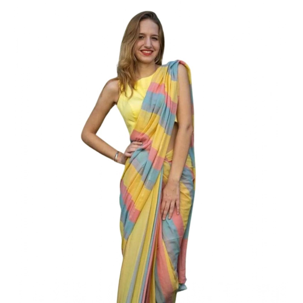 Generic Women's Linen Printed Saree With Unstitched Blouse 5.5Mtr (Multicolor)