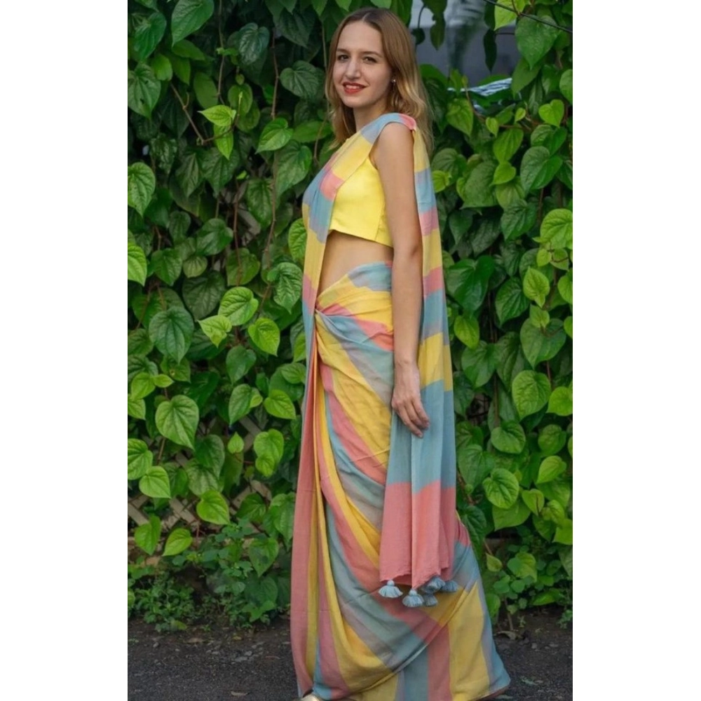 Generic Women's Linen Printed Saree With Unstitched Blouse 5.5Mtr (Multicolor) - Image 2