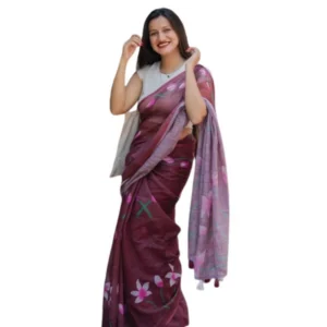 Generic Women's Linen Printed Saree With Unstitched Blouse 5.5Mtr (Brown)
