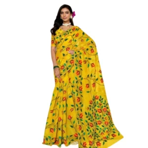 Generic Women's Georgette Printed Saree With Unstitched Blouse 5.5Mtr (Yellow)