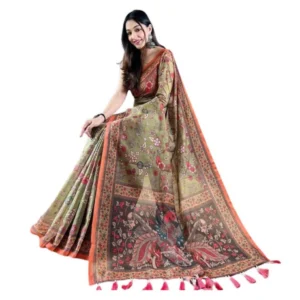 Generic Women's Linen Printed Saree With Unstitched Blouse 5.5Mtr (Sea Green)