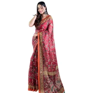 Generic Women's Linen Printed Saree With Unstitched Blouse 5.5Mtr (Red)