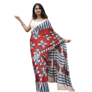 Generic Women's Linen Printed Saree With Unstitched Blouse 5.5Mtr (Red)