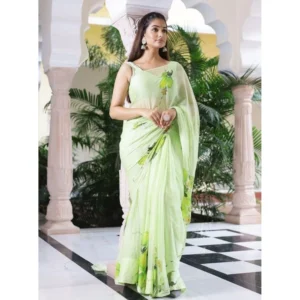 Generic Women's Linen Printed Saree With Unstitched Blouse 5.5Mtr (Green)