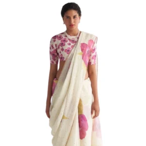 Generic Women's Linen Printed Saree With Unstitched Blouse 5.5Mtr (White)