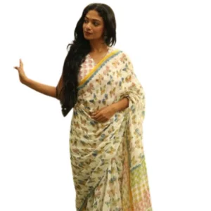 Generic Women's Linen Printed Saree With Unstitched Blouse 5.5Mtr (White)