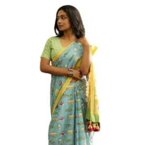 Generic Women's Linen Printed Saree With Unstitched Blouse 5.5Mtr (Blue)
