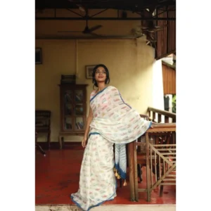 Generic Women's Linen Printed Saree With Unstitched Blouse 5.5Mtr (White)