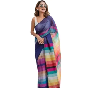Generic Women's Linen Printed Saree With Unstitched Blouse 5.5Mtr (Navy)