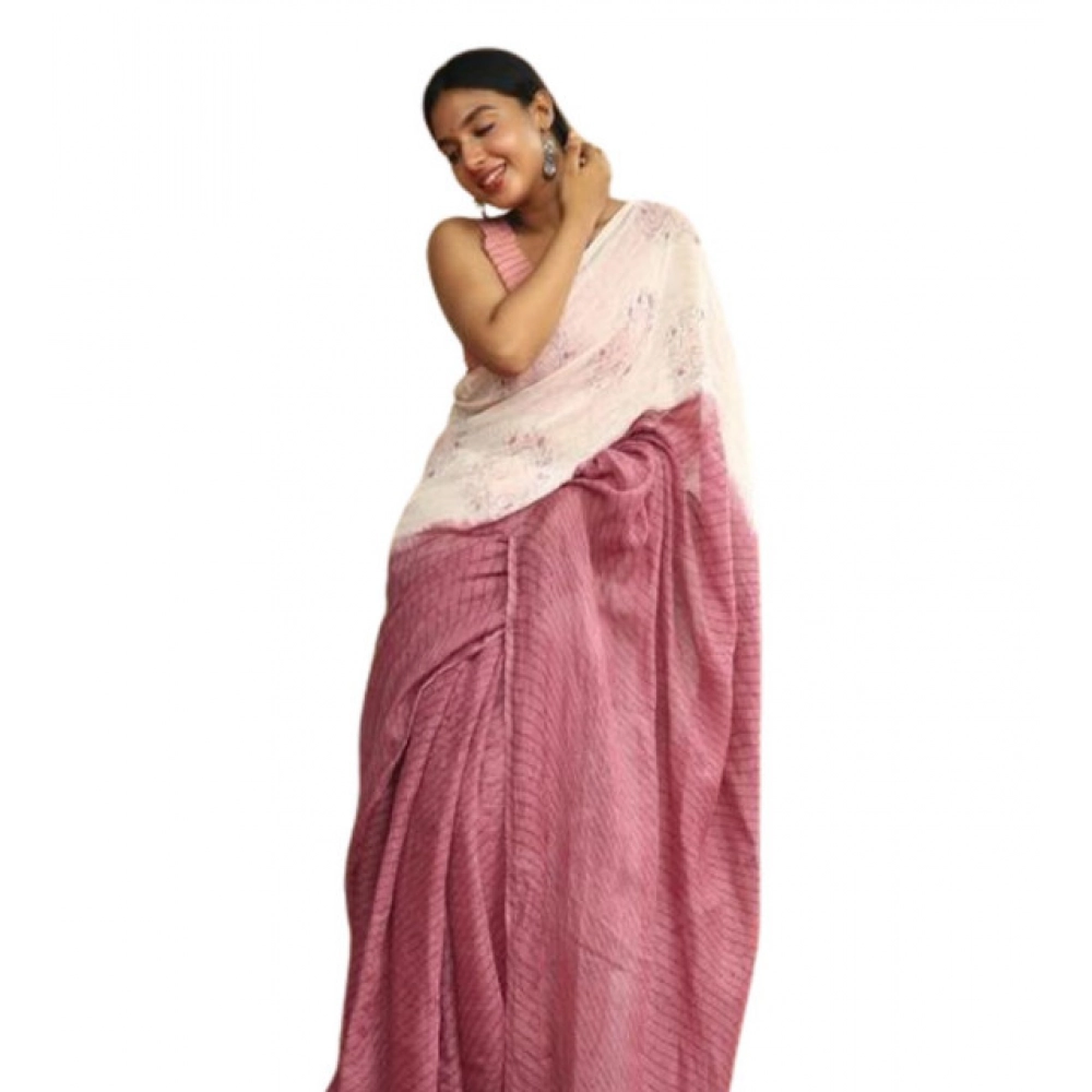 Generic Women's Linen Printed Saree With Unstitched Blouse 5.5Mtr (White)
