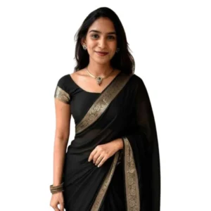 Generic Women's Vichitra Silk Printed Saree With Unstitched Blouse 5.5Mtr (Black)