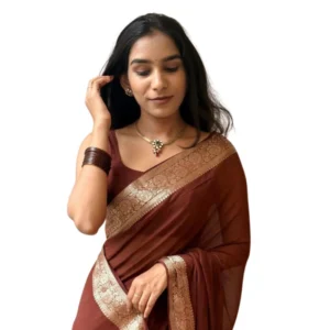 Generic Women's Vichitra Silk Printed Saree With Unstitched Blouse 5.5Mtr (Brown)