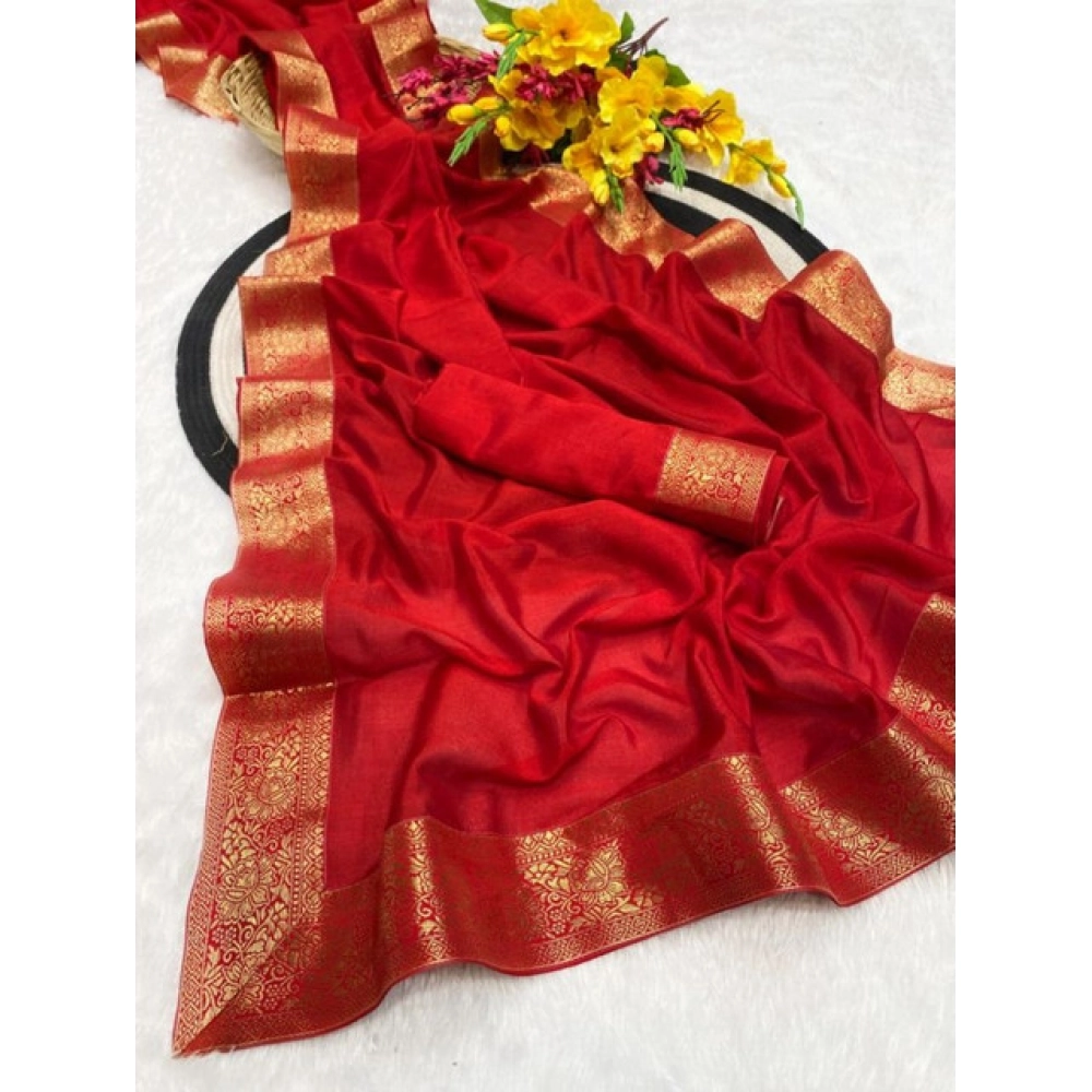 Generic Women's Vichitra Silk Printed Saree With Unstitched Blouse 5.5Mtr (Red) - Image 2