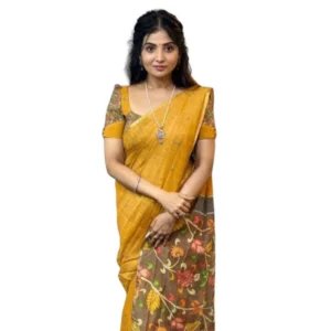 Generic Women's Linen Printed Saree With Unstitched Blouse 5.5Mtr (Mustard)
