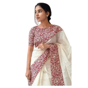 Generic Women's Linen Printed Saree With Unstitched Blouse 5.5Mtr (White)