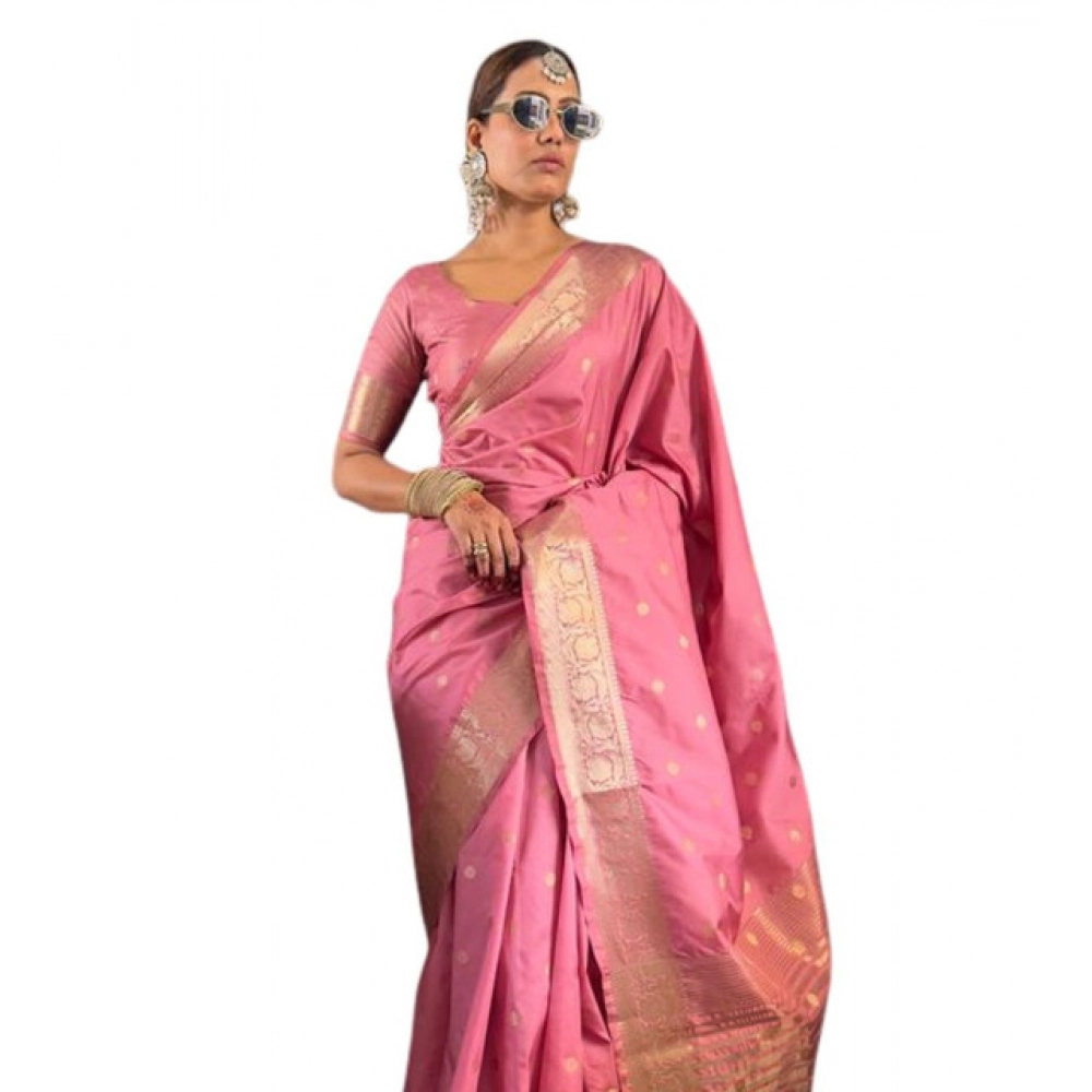 Generic Women's Satin Printed Saree With Unstitched Blouse 5.5Mtr (Pink)