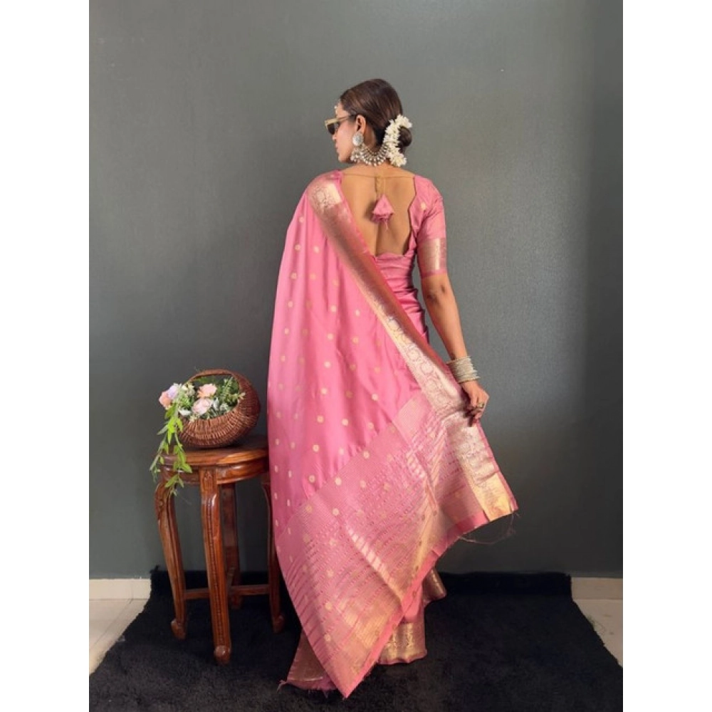 Generic Women's Satin Printed Saree With Unstitched Blouse 5.5Mtr (Pink) - Image 5