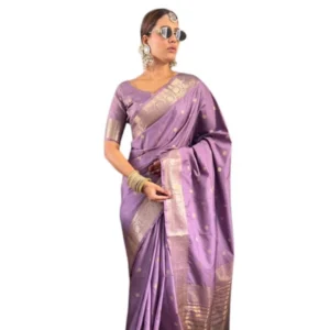 Generic Women's Satin Printed Saree With Unstitched Blouse 5.5Mtr (Purple)