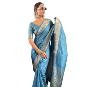 Generic Women's Satin Printed Saree With Unstitched Blouse 5.5Mtr (light Blue)