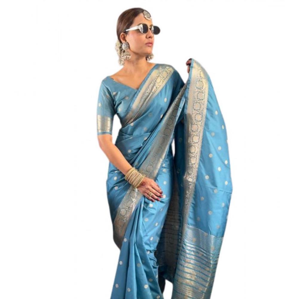 Generic Women's Satin Printed Saree With Unstitched Blouse 5.5Mtr (light Blue)