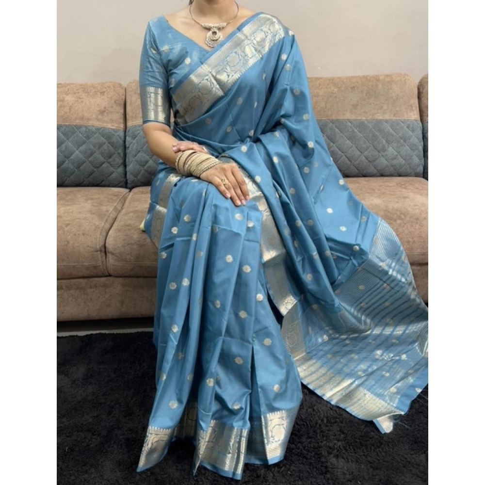Generic Women's Satin Printed Saree With Unstitched Blouse 5.5Mtr (light Blue) - Image 3