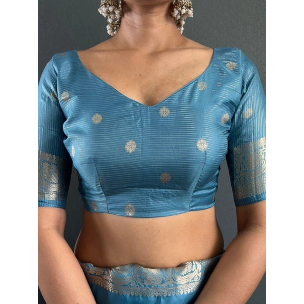 Generic Women's Satin Printed Saree With Unstitched Blouse 5.5Mtr (light Blue) - Image 4