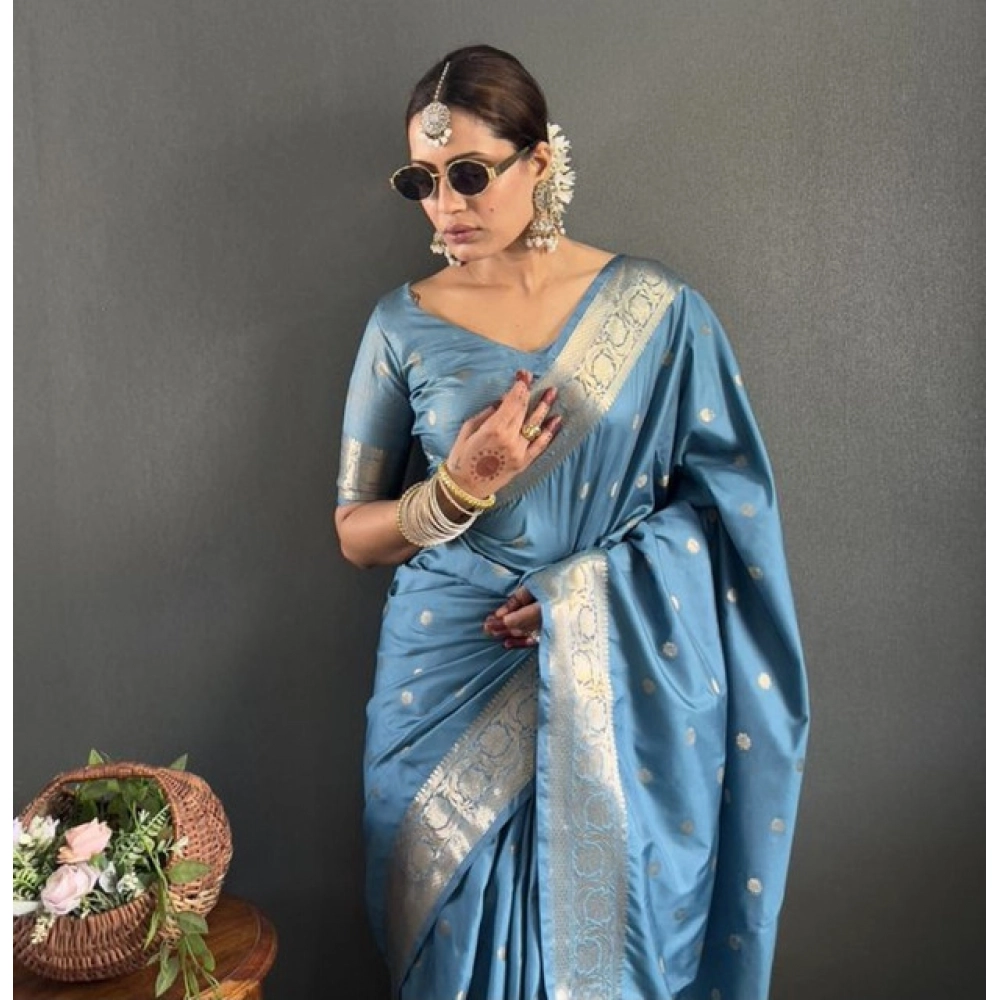 Generic Women's Satin Printed Saree With Unstitched Blouse 5.5Mtr (light Blue) - Image 2