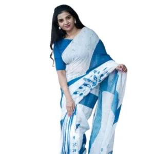 Generic Women's Linen Printed Saree With Unstitched Blouse 5.5Mtr (White)