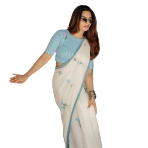 Generic Women's Linen Printed Saree With Unstitched Blouse 5.5Mtr (White)