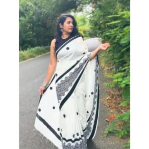 Generic Women's Linen Printed Saree With Unstitched Blouse 5.5Mtr (White)