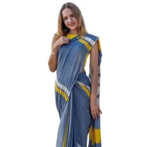 Generic Women's Linen Printed Saree With Unstitched Blouse 5.5Mtr (Blue)