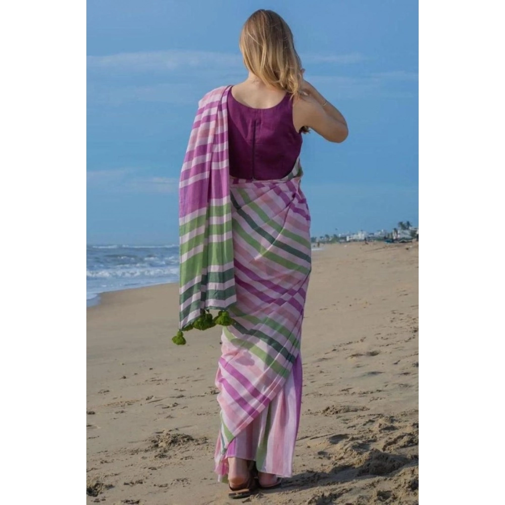 Generic Women's Linen Printed Saree With Unstitched Blouse 5.5Mtr (Pink) - Image 2