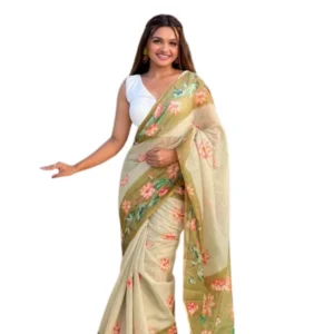 Generic Women's Linen Printed Saree With Unstitched Blouse 5.5Mtr (Mahendi)