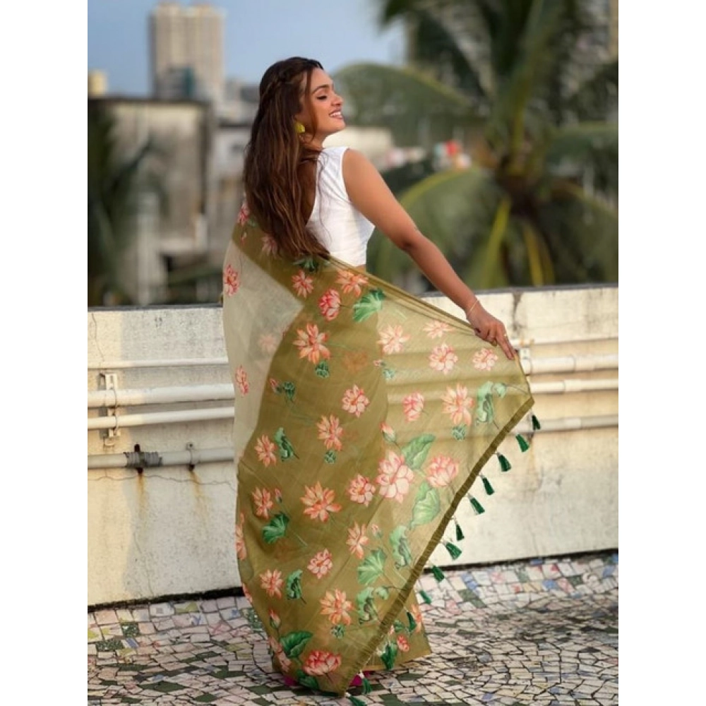 Generic Women's Linen Printed Saree With Unstitched Blouse 5.5Mtr (Mahendi) - Image 4