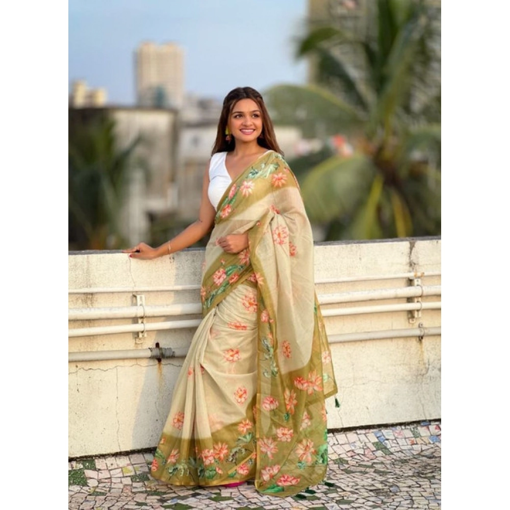 Generic Women's Linen Printed Saree With Unstitched Blouse 5.5Mtr (Mahendi) - Image 3