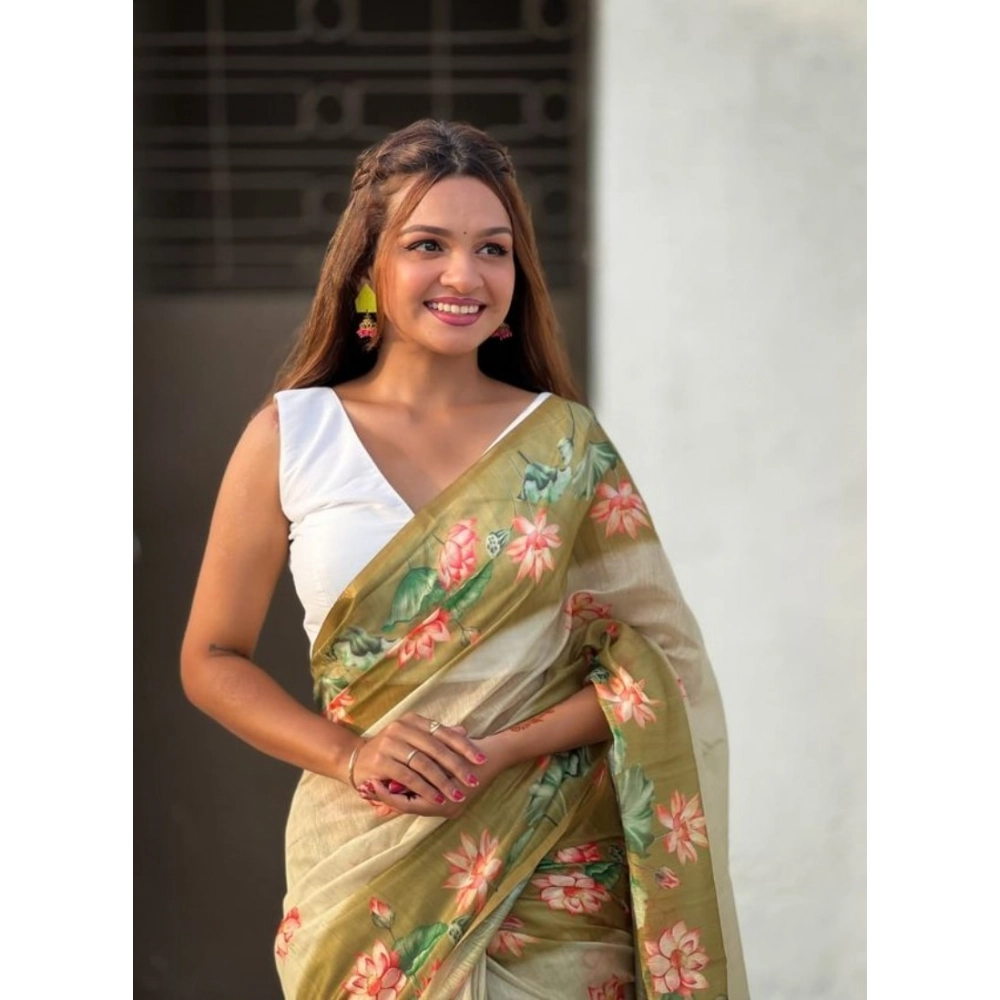 Generic Women's Linen Printed Saree With Unstitched Blouse 5.5Mtr (Mahendi) - Image 2