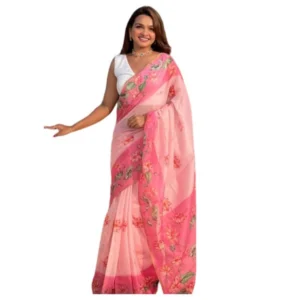 Generic Women's Linen Printed Saree With Unstitched Blouse 5.5Mtr (Pink)
